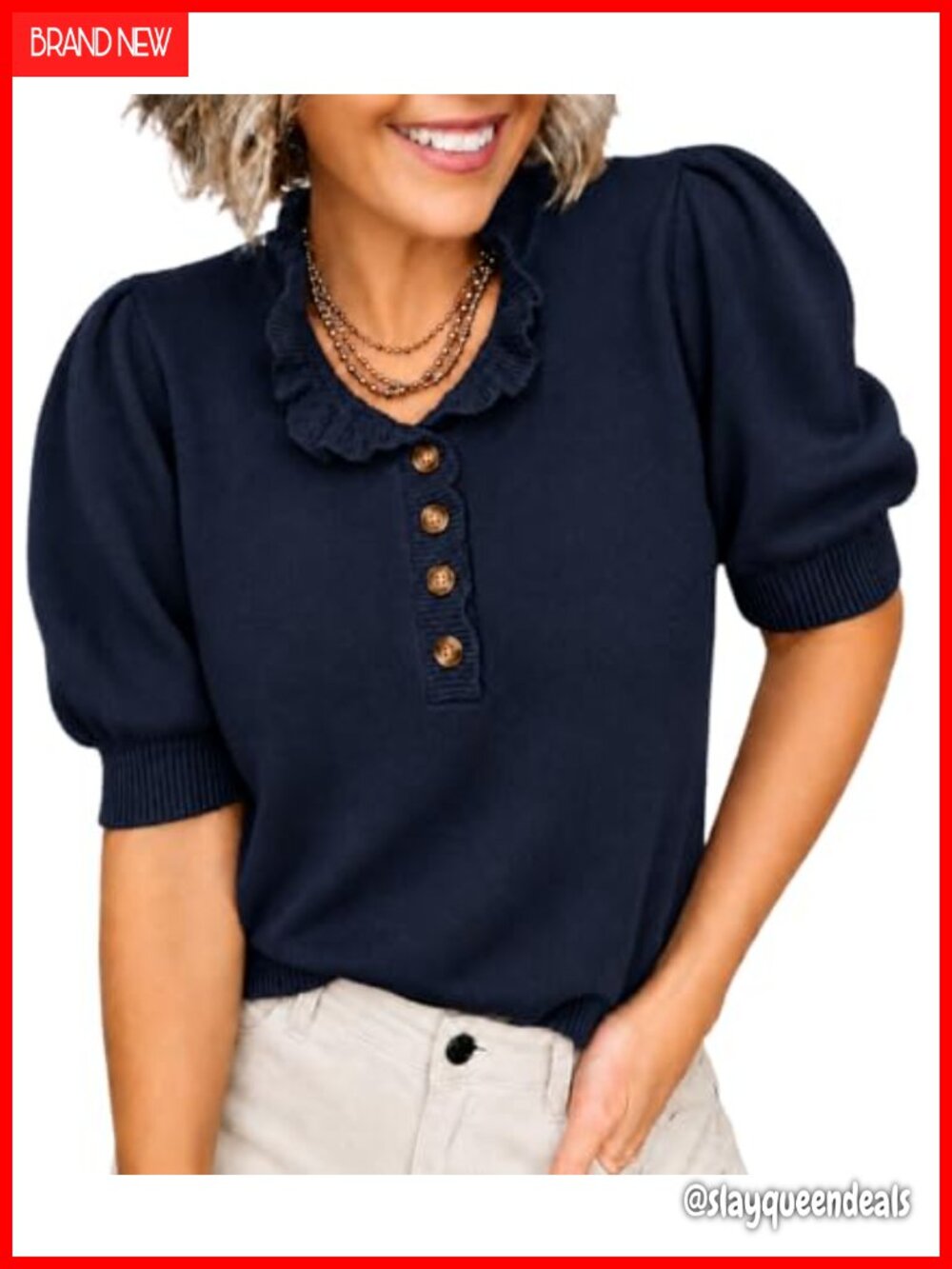 Short Sleeve Sweater Women Ruffle Collar Puff Sleeve Knit Top
